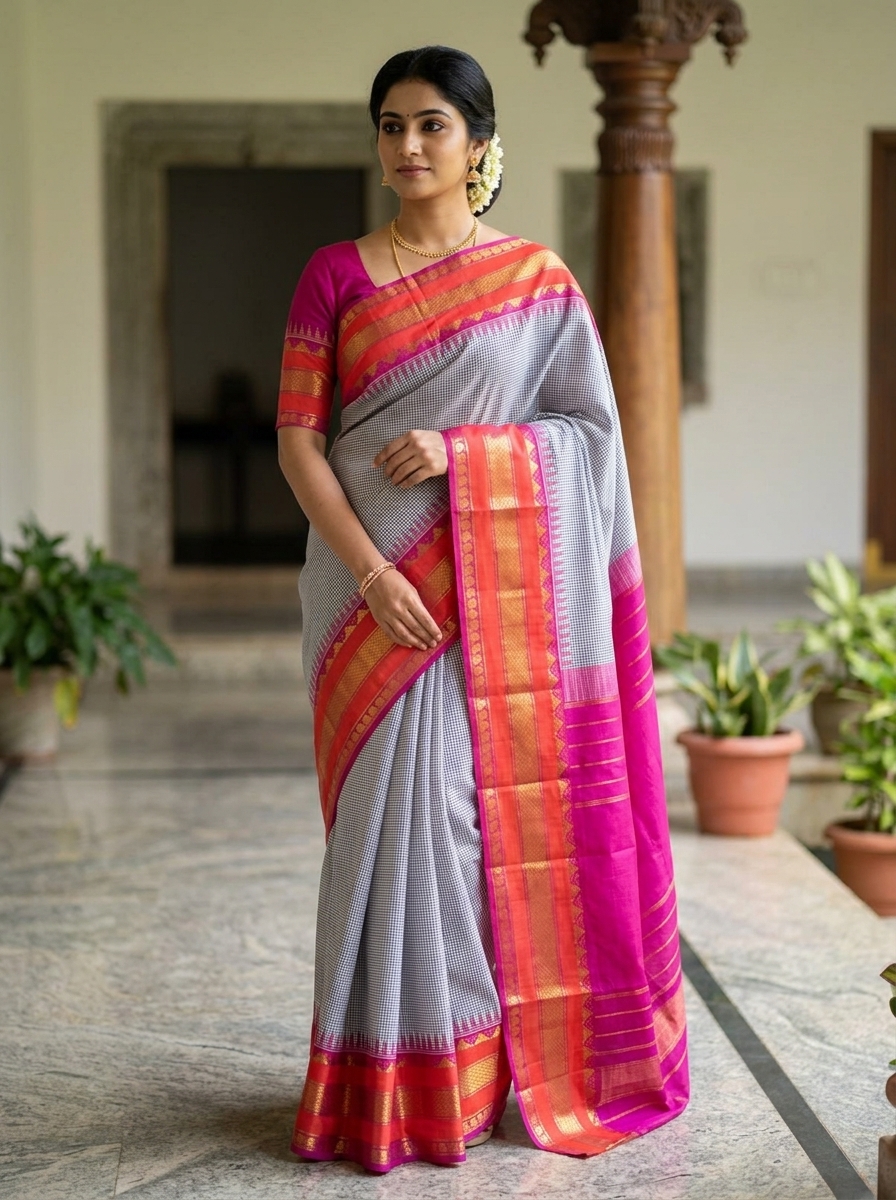 Soft Silver Grey with Magenta Pink and Orange Border Pure Kanchipuram Handloom Bridal Silk Saree
